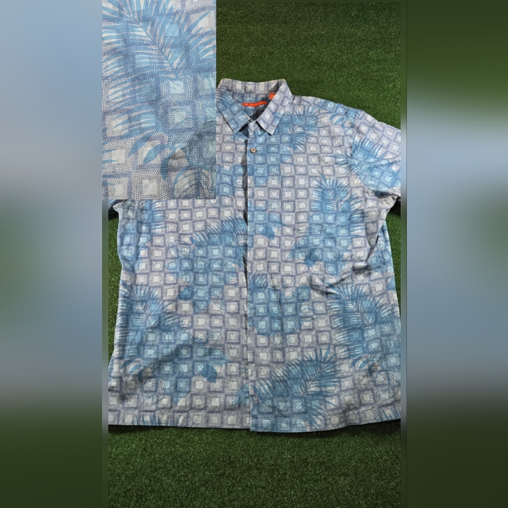 Tori Richard Shirt Mens 2XL Blue Hawaiian Leaf Cotton Dobby Button Made Hawaii
